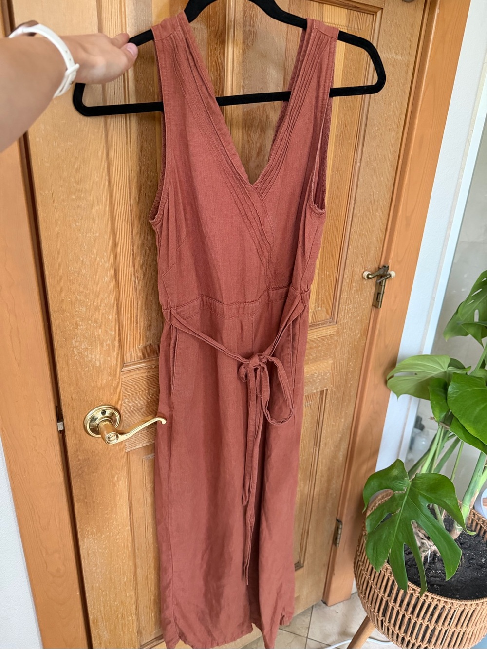 Kuhl Rust/Burnt Orange Sleeveless V-Neck Maxi Jumpsuit with Waist Tie